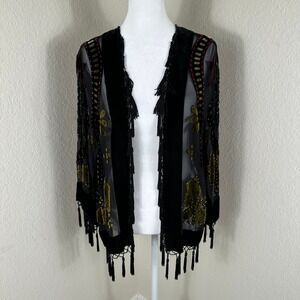 R&K Evening Kimono Cardigan Women S Black Silk Velvet Burnout Beaded Whimsigoth